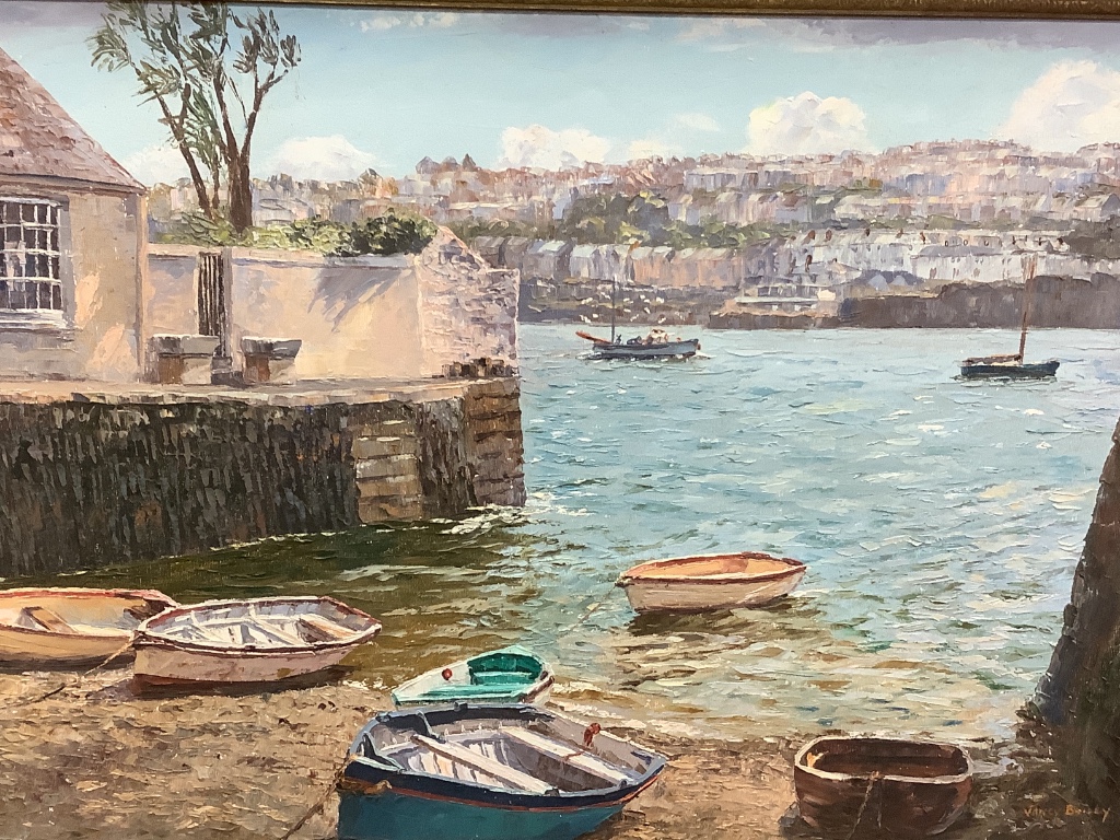 Nancy Bailey, oil on canvas, Harbour with moored boats, 49 x 65cm